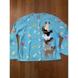 Vintage BEREK Cute Dog Blue Sweater Size L Cardigan Bones On Buttons Teacher